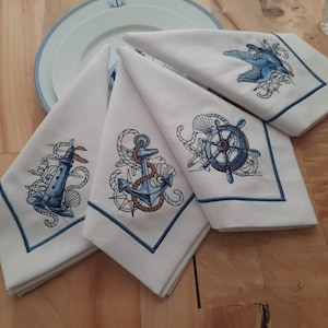 Marine Embroidered Blue and White Cotton Napkin Set, Sailor Napkin,Gift ,Yacht Decor  Napkin, Beach HouseTable Napkin,Boat Linen Napkin Set