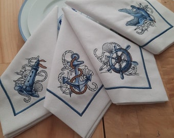 Embroidered Nautical NapkinSet,Sailor Napkin,Gift idea,Yacht Decor Cloth Napkin,Blue And White Beach HouseTable Napkin,Boat Linen Napkin Set