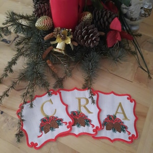 Personalized Letter Embroidered Linen New Year Coaster, Christmas Cocktail Napkins, Gift, Party Napkin-Linen