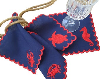 Servilletas de lino bordadas para cóctel: Animales marinos azul marino, decoración de yates