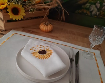 Sunflower Napkin - Thanksgiving - Napkin - Embroidered Napkins