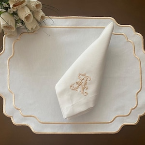 Monogram Embroidered Personalized Linen Dinner Napkin & Elegant Edged Placemat, Wedding Invitation Table Decoration, Embroidery Color Option
