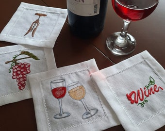 Embroidered Wine Theme Linen Napkin, Turkish Cotton Coaster, 6x6