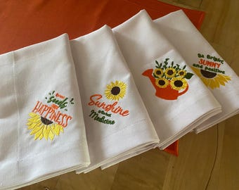 Embroidered Sunflower Cotton Dinner Napkin: Thanksgiving Table Decor