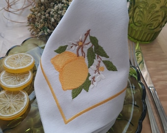 Lemon Embroidered Linen Dinner Napkin: Summer Table Decor