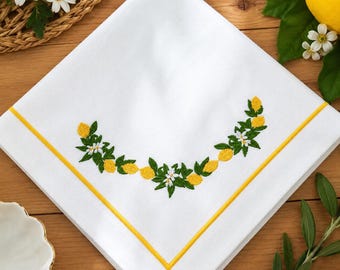 Embroidered Lemon Napkin: White Cotton Dinner Napkin, Handmade Table Decor