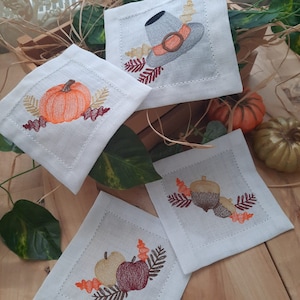 Embroidered Linen Cocktail Napkins: Thanksgiving, Halloween, Autumn Decor