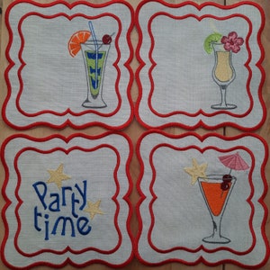 Cocktail Embroidered Linen Coasters Set, Washable Party Napkin, Gift İdea, Poolside Cocktail Napkin, Cotton  Napkin