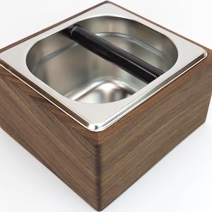 Espresso Knock Box, Walnut and Stainless Steel, Anti-Slip Base, Noise-Reducing & Shock-Absorbing Design, Removable for Easy Cleaning.