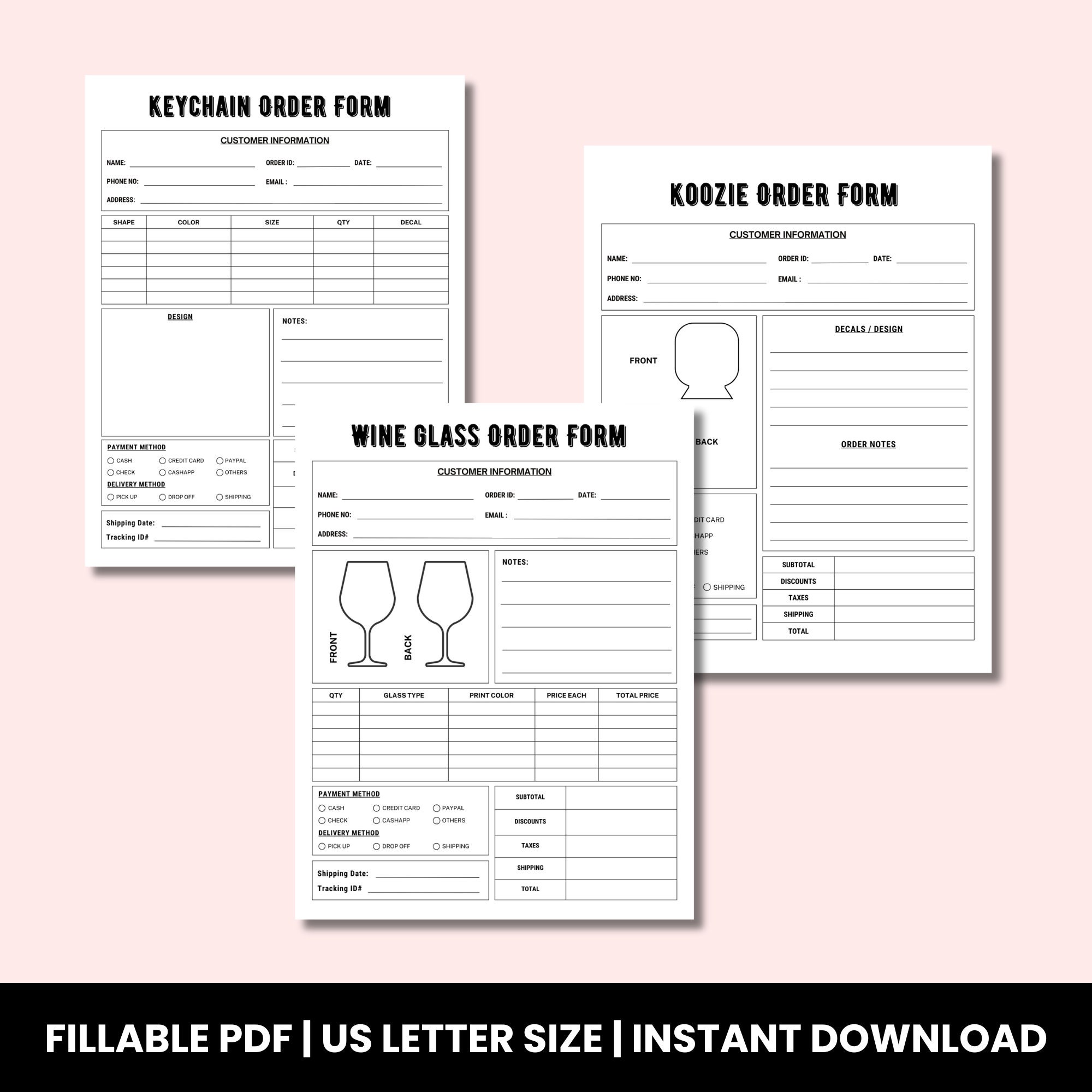 Fillable order forms bundle including tshirt tumbler cake decal