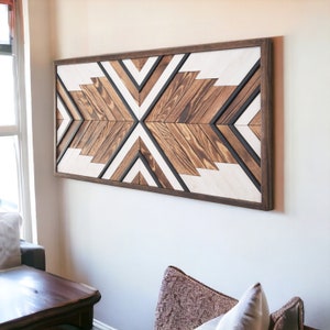 Geometric Handmade Wood Wall Art,Large Aztec  Wood Wall Hanging, Rustic Wooden Wall Art for Livingroom, Housewarming Gift, Handmade Gift