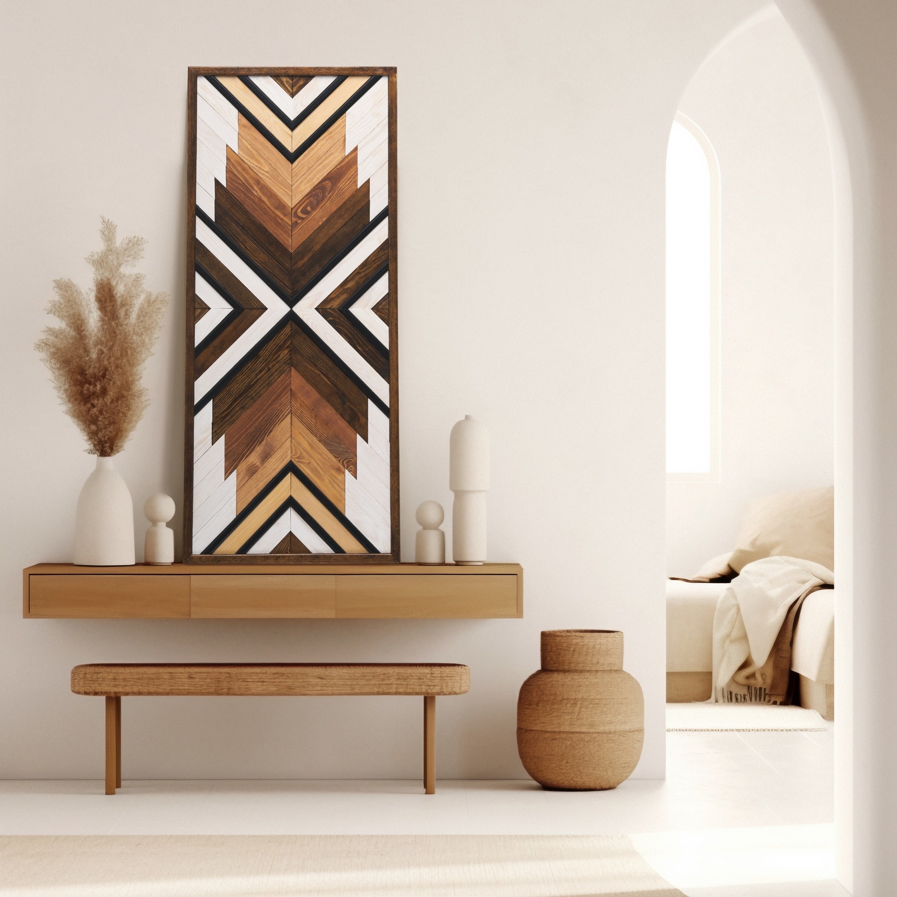 Geometric Handmade Wood Wall Art,Large Aztec  Wood Wall Hanging, Rustic Wooden Wall Art for Livingroom, Housewarming Gift, Handmade Gift