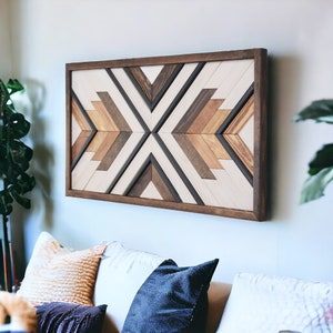 Geometric Handmade Wood Wall Art,Large Aztec  Wood Wall Hanging, Rustic Wooden Wall Art for Livingroom, Housewarming Gift, Handmade Gift