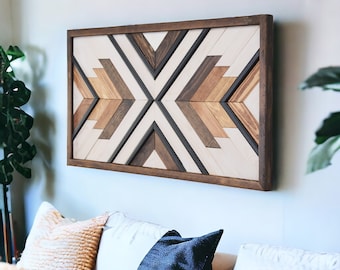 Geometric Wood Wall Art: Large Aztec Design, Rustic Handmade Hanging