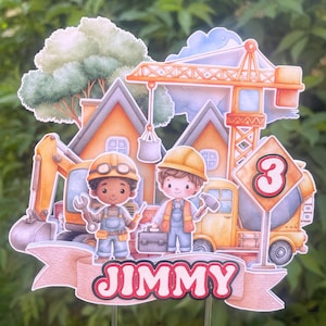 May include: A vibrant cake topper with a construction theme. Two cartoon builders stand before a truck, excavator, and crane. The number 3 is on a sign. The name "JIMMY" is written on a banner.
