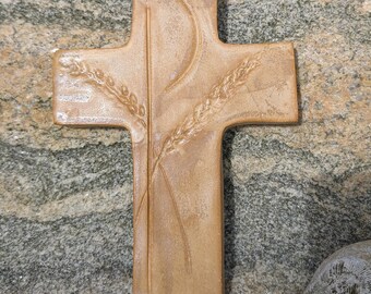 Handcrafted Stoneware Cross: Chi Rho and wheat symbols, rust orange, ivory glaze, wall hanging