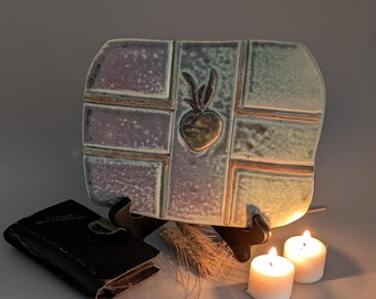 Artisan made, handcarved Sacred Heart plaque, stoneware. Christian wall hanging or desk top display. Aqua green, purple w gold highlights