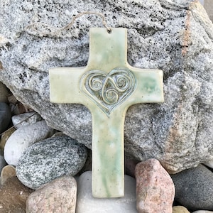 Handcarved Stoneware Cross: Celtic Heart, Pearly Green Glaze