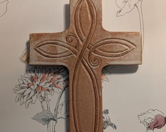 Artisan made stoneware 10&quot;cross, handcarved Celtic cross symbol, light ivory with red iron highlights throughout, handcrafted, wallhanging.