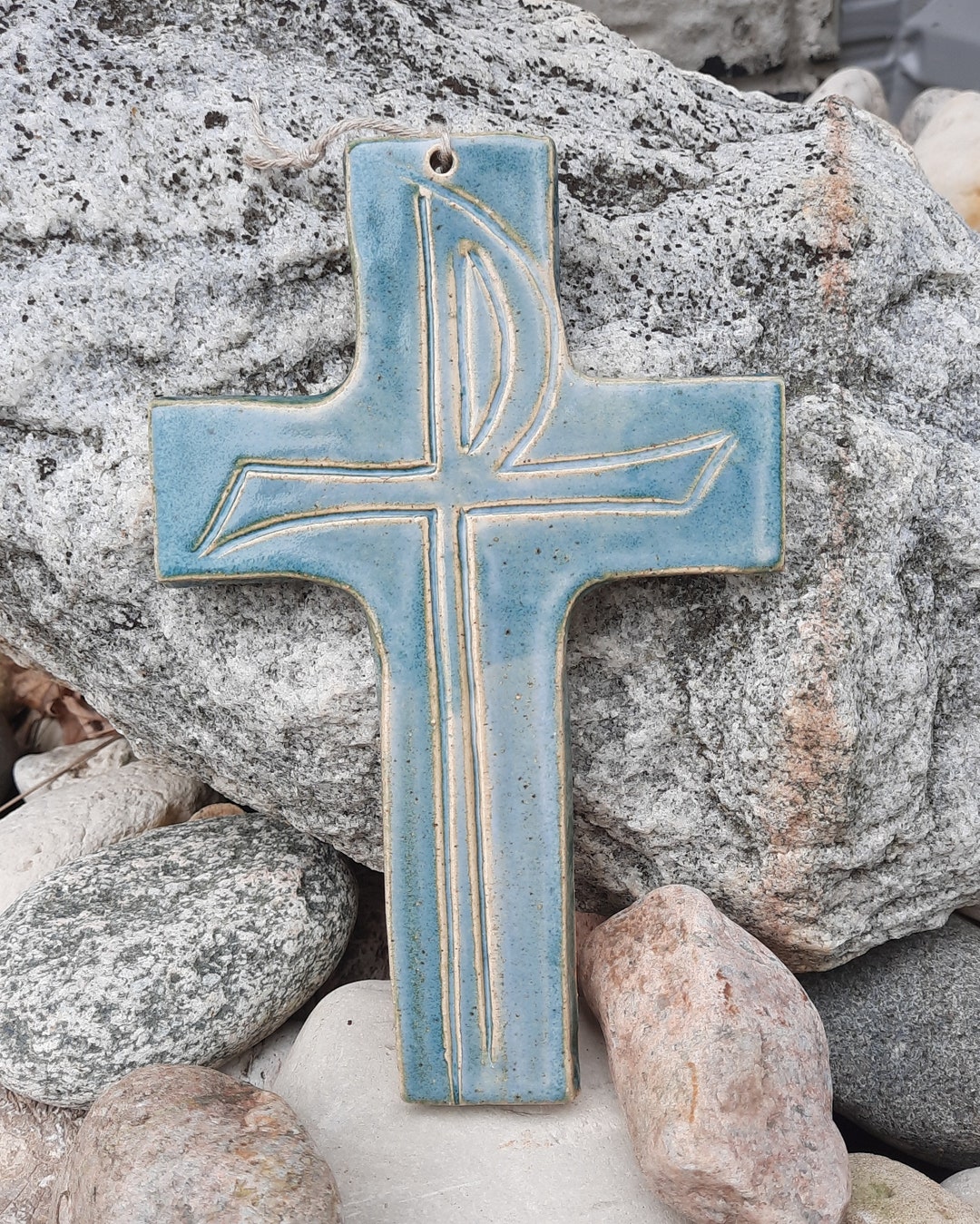 Hand Carved Stoneware Cross: Aqua Green Chi Rho Symbol - Etsy