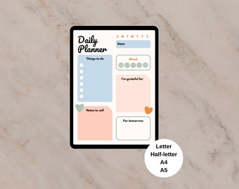 May include: A digital daily planner template on a tablet screen. The planner has sections for things to do, notes to self, and a mood tracker. The template is designed in a minimalist style with pastel colors and simple graphics.