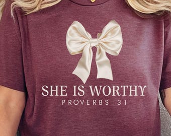 She is Worthy Bow Shirt, Women's Christian Shirts, Cute Christian Coquette Tshirt, Girly Faith Shirt Ideas, Trendy Christian Shirt Ideas Tee