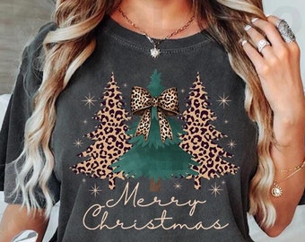 Comfort Colors®  Leopard Womens Christmas Shirt, Womans Holiday Shirt,Christmas Gift,Chic Winter Shirt,Cute Holiday Tee,Christmas Tree Shirt