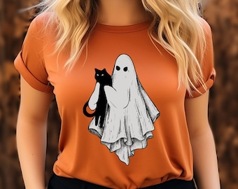 Сute Ghost Cat Shirt, Ghost Cat t-shirt, Cat Lovers Shirt, Retro Ghost Halloween, Halloween Cat T-shirt, Spooky Season, Funny Halloween Tee