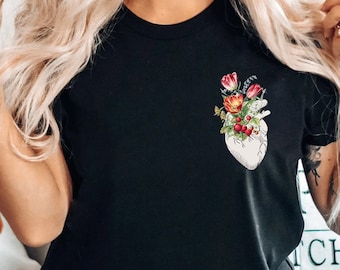 Pocket Heart Shirt, Floral Heart Women's Shirt, Floral Human Heart T-Shirt, Floral Ladies Shirt, Flower Heart Shirt, Heart Shirt, Heart Tee