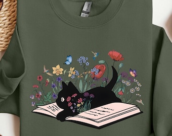 Floral Cat Sweatshirt, Cat Lover Shirt, Cat Book Shirt, Cat Lover Gift, Gift for Her, Cat Mom Shirt Gift,Cute Cat Shirts,Cute Book Cat Shirt