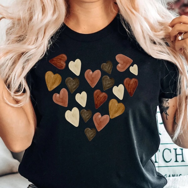 Artsy Melanin Skin Tone Kindness Watercolor Hearts Soft Graphic Tees, Valentines Day Shirt, Watercolor Heart Shirt, Heart Valentines Shirts