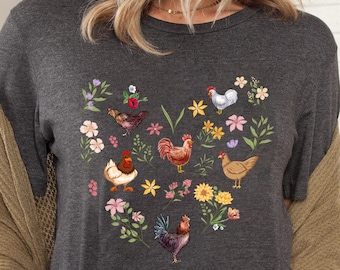 Wildflower Chicken Shirt, Ladies Chicken Tshirt, Chicken T shirt, Chicken Lover, Chicken mom Tee, Cottagecore Farm Girl T-shirt, Farmer Gift