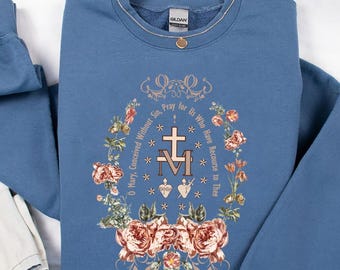 Miraculous Medal Sweatshirt, Virgin Mary Shirt, Marian Cross T-Shirt, Holiday Gifts Idea,Catholic Gifts for Women,Marian Catholic Sweatshirt
