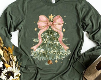 Christmas Tree Bow Sweatshirt, Christmas Sweatshirt for Women, Christmas Tree Tshirt, Christmas Coquette Christmas Shirt,Christmas Bow Shirt