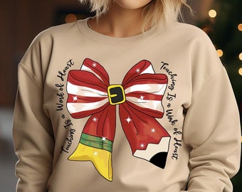 Teacher Christmas Sweatshirt,Teacher Coquette Christmas Shirt,Holly Jolly Teacher Cute Xmas Holiday Class Party Sweatshirt,Teacher Christmas