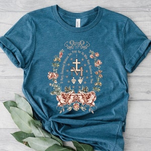 Marian Catholic T-Shirt, Virgin Mary T shirt, Catholic gifts for women, Catholic T-shirt, Marian Cross Shirt, Floral Women Religious Shirts