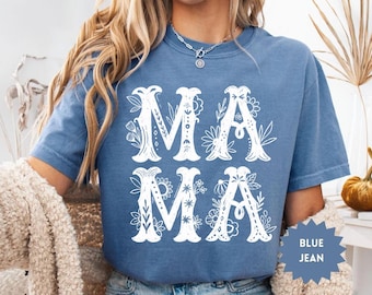 Comfort Colors® Mama Shirt, Floral Mom Spring Tee, Trendy Mom Tshirt, Women's Flower Mama Shirt, Spring Pregnancy Reveal Gift for New Mom