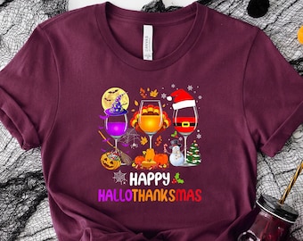 Happy HalloThanksMas Wine Shirt, Funny Gnome Shirt, Cute Drinking T-shirt, Women Christmas Shirt, Thanksgiving Tee, Halloween T-shirt,Gnomes