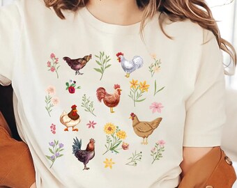 Wildflower Chicken Shirt, Ladies Chicken Tshirt, Chicken T shirt, Chicken Lover, Chicken mom Tee, Cottagecore Farm Girl T-shirt, Farmer Gift