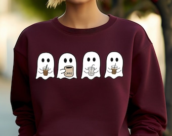 Iced Coffee Halloween Crew, Aesthetic Crewneck, Halloween Sweatshirt, Embroidered Halloween, Coffee Lovers, Little Ghost Coffee, Ghost Shirt