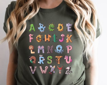 Alphabet Shirt, ABC Shirt, Animals Alphabet T-Shirt, Kingergarten Teacher Shirt, Alphabet Shirt for Teachers, Tescher Shirt, Kids Shirt