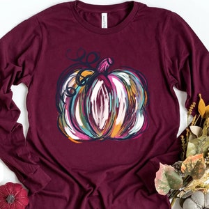 Watercolor Pumpkin Long Sleeve Tee,Colorful Pumpkin Shirt, Watercolor Pumpkins,Halloween Tee,Autumn Shirt,Cute Fall Shirt,Gift For Halloween
