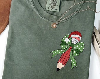 Comfort Colors® Teacher Pencil Christmas, Teacher Coquette Christmas Shirt, Holly Jolly Teacher Cute X-mas Holiday Class Party Sweatshirt