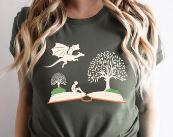 Girl and Dragon Book Shirt, Reading Book Shirt, Gift For Bookworms, Booksellers Gift, Fantastic Book Lover T-Shirt, Librarian Shirt,Read Tee
