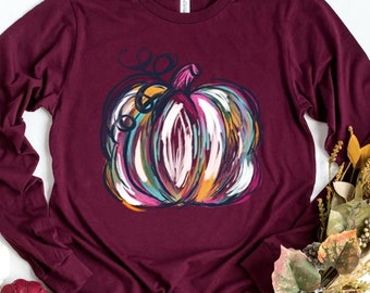 Watercolor Pumpkin Long Sleeve Tee,Colorful Pumpkin Shirt, Watercolor Pumpkins,Halloween Tee,Autumn Shirt,Cute Fall Shirt,Gift For Halloween