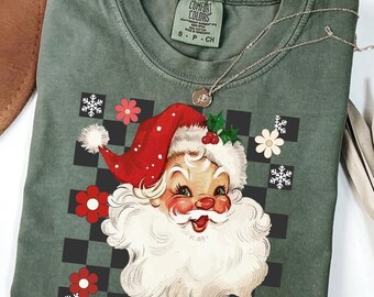 Comfort Colors® Christmas Checkered Santa Shirt, Retro Santa Shirt, Christmas,Retro Christmas Shirt,Christmas Shirt For Women,Gift For Women