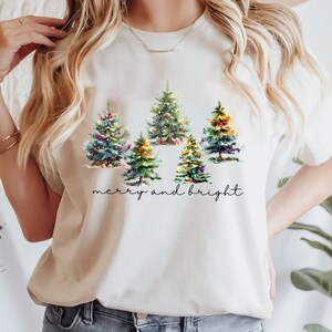 Merry and Bright Trees, Women&#39;s Christmas Shirt, Womans Holiday Shirt,Christmas Gift,Chic Winter Shirt,Cute Holiday Tee,Christmas Tree Shirt