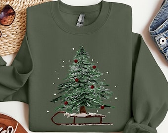 Woman's Holiday Sweatshirt, Women's Xmas Tee, Christmas Sleigh Crewneck, Christmas Tree Tee, Xmas Tree, Women's Christmas Tshirt,Winter Tee