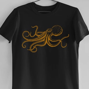 Octopus Japanese Calligraphy T Shirt Gyotaku Traditional Art Japan Anime Manga Gold Print Yoga Martial Arts Samurai Mens Womens Printed Tee