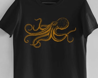 Octopus Japanese Calligraphy T Shirt Gyotaku Traditional Art Japan Anime Manga Gold Print Yoga Martial Arts Samurai Mens Womens Printed Tee